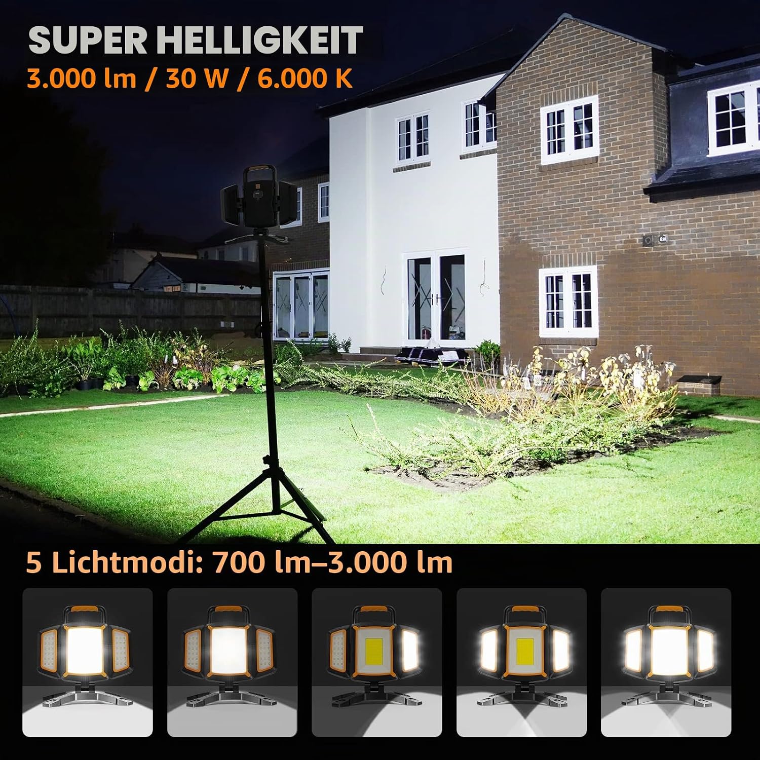 Detalle de SYLSTAR LED Strahler Akku 30W – 3000 lm, 4 Magnete, 5 Lichtmodi, Powerbank, IP65