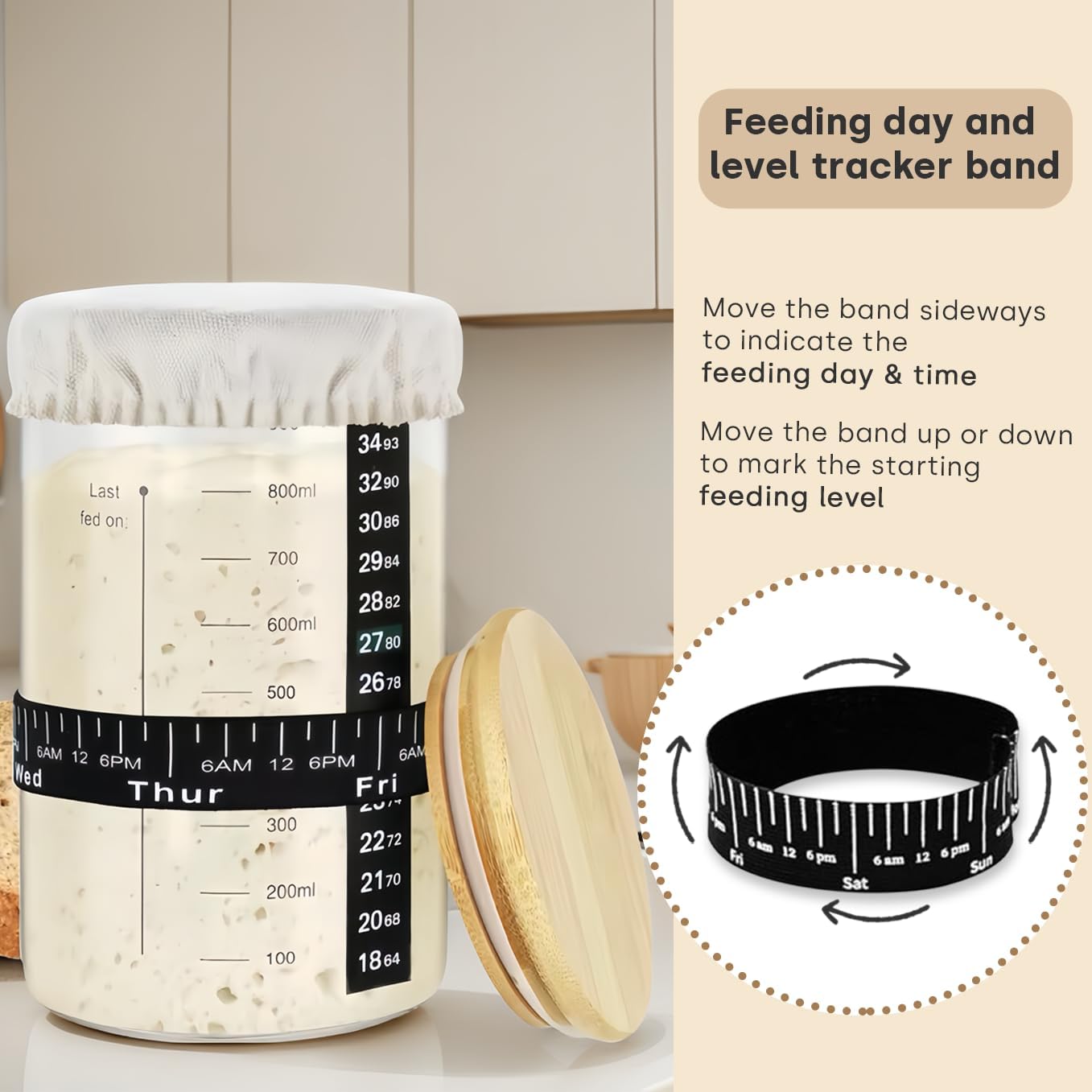 Detalle de SoLuna.® Sourdough Starter Jar Kit 1 Litre – Premium Borosilicate Glass Jar with Feeding Band, Thermometer, Spatula and Accessories