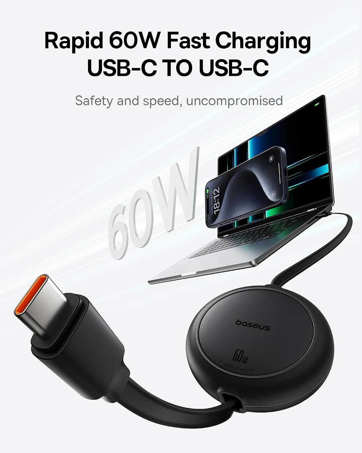 Detalle 2 de Baseus cavo USB‑C a USB‑C arrotolabile 60 W retrattile da 1 m (per iPhone 16/15/14 Pro, Galaxy S e MacBook/iPad Pro)