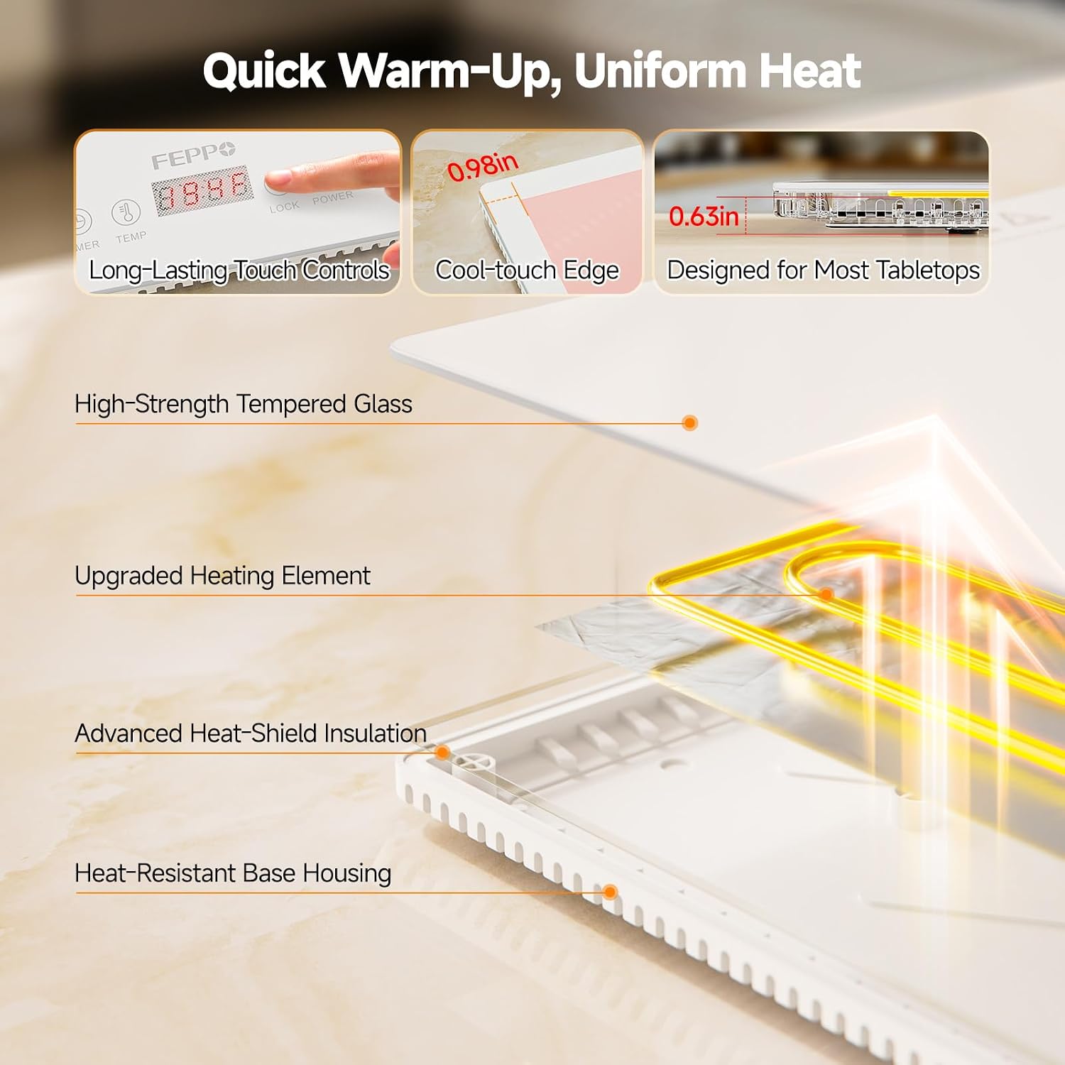 Detalle de FEPPO HF-PJ03 Modular Food Warmer, 47" x 15" Tempered Glass Tray