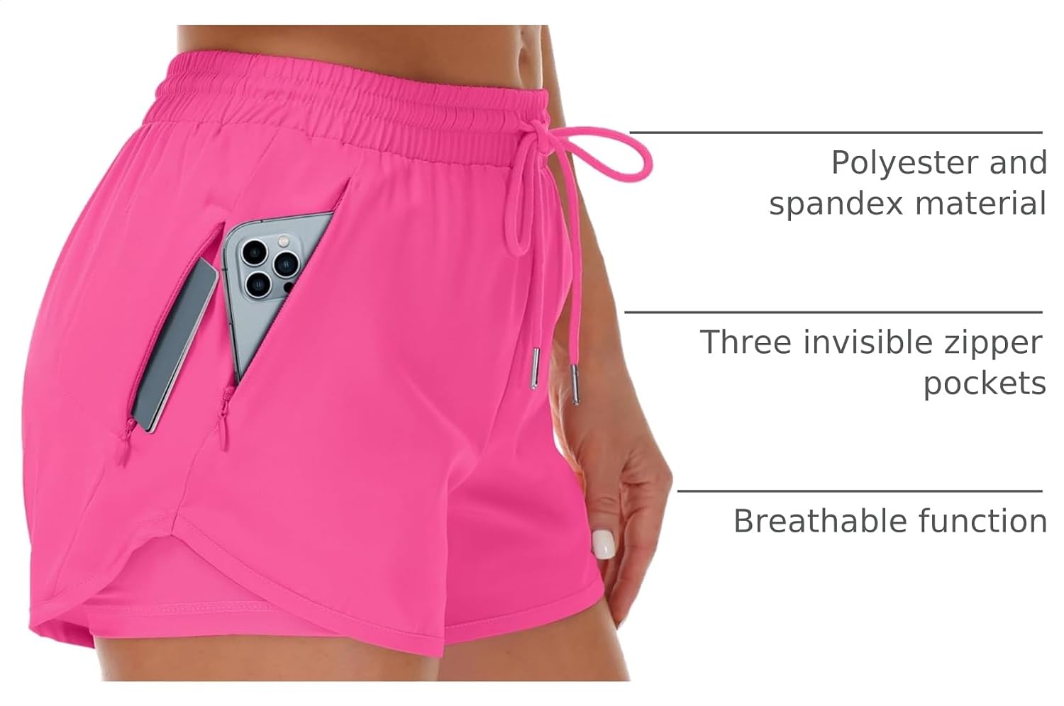 Detalle de Mancreda Women's Running Shorts with Liner 3 Zipper Pockets Elastic Workout Athletic Gym Yoga Shorts