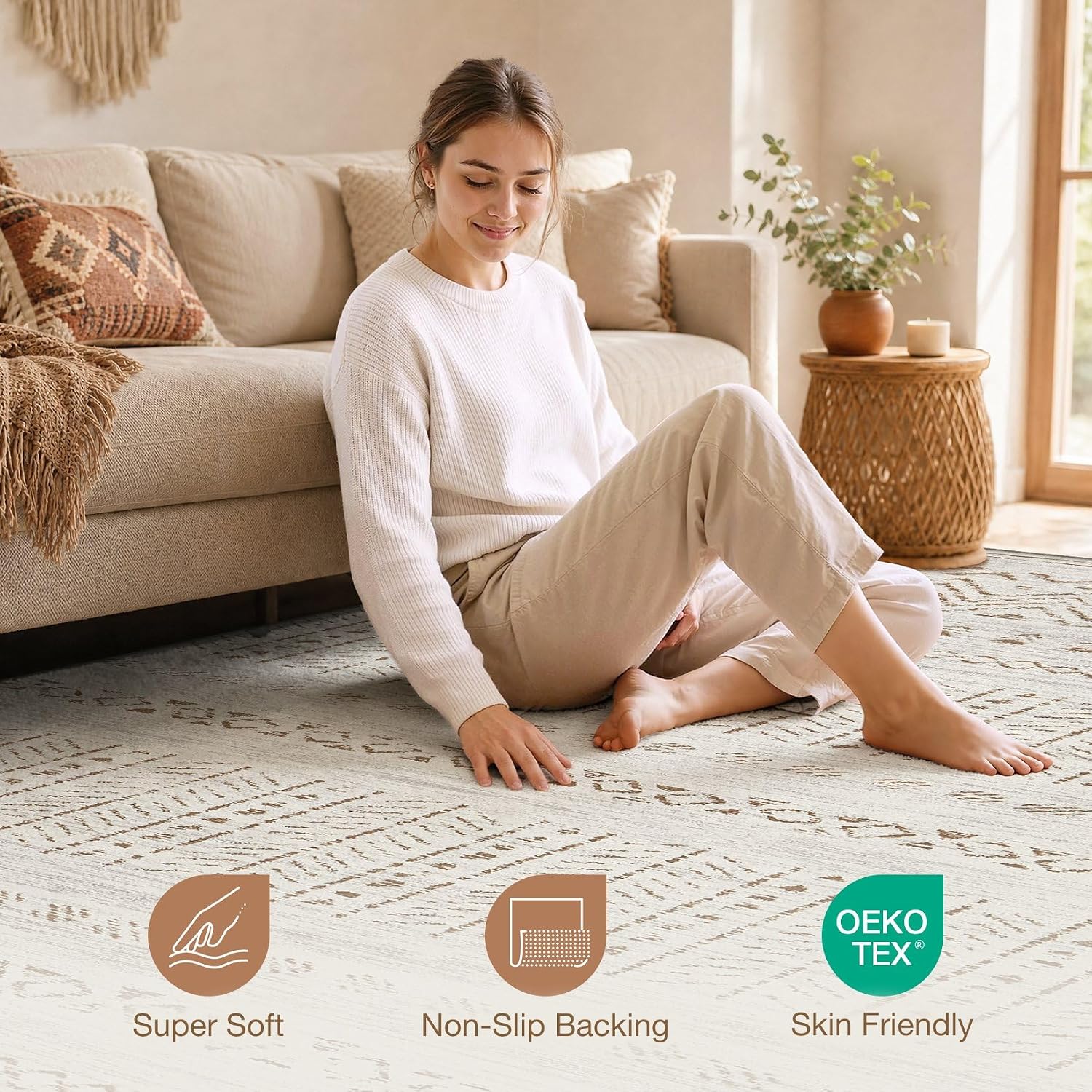 Detalle de cotiled Y24006A Boho Area Rug, 10' x 14', Washable Brown/Cream