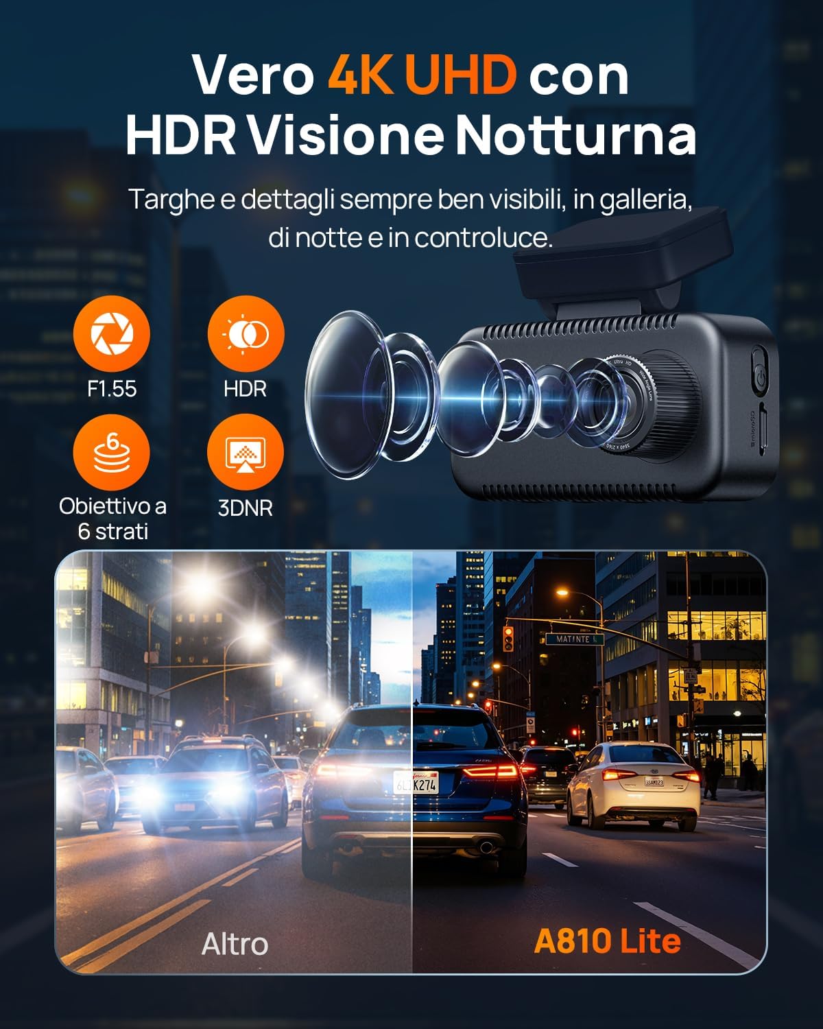 Thumbnail 2 de 70mai A810 Lite Dash Cam Auto 4K + 1080P: Dash cam frontale 4K e posteriore 1080P con GPS, 5GHz WiFi e 4G LTE
