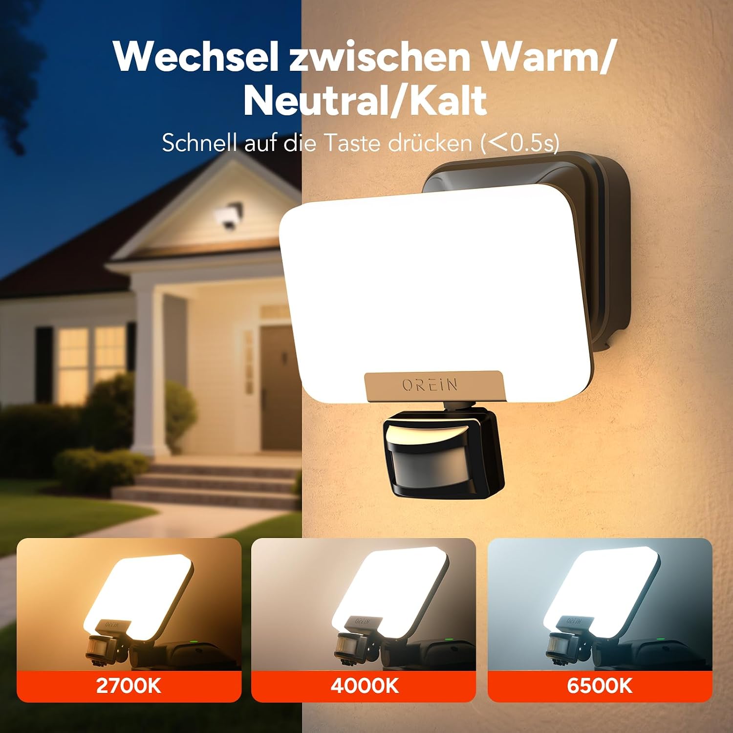 Detalle 2 de OREiN LED-Strahler mit Bewegungsmelder für außen IP65, 24 W, 2800 lm – 3 Leuchtmodi & 2700/4000/6500 K