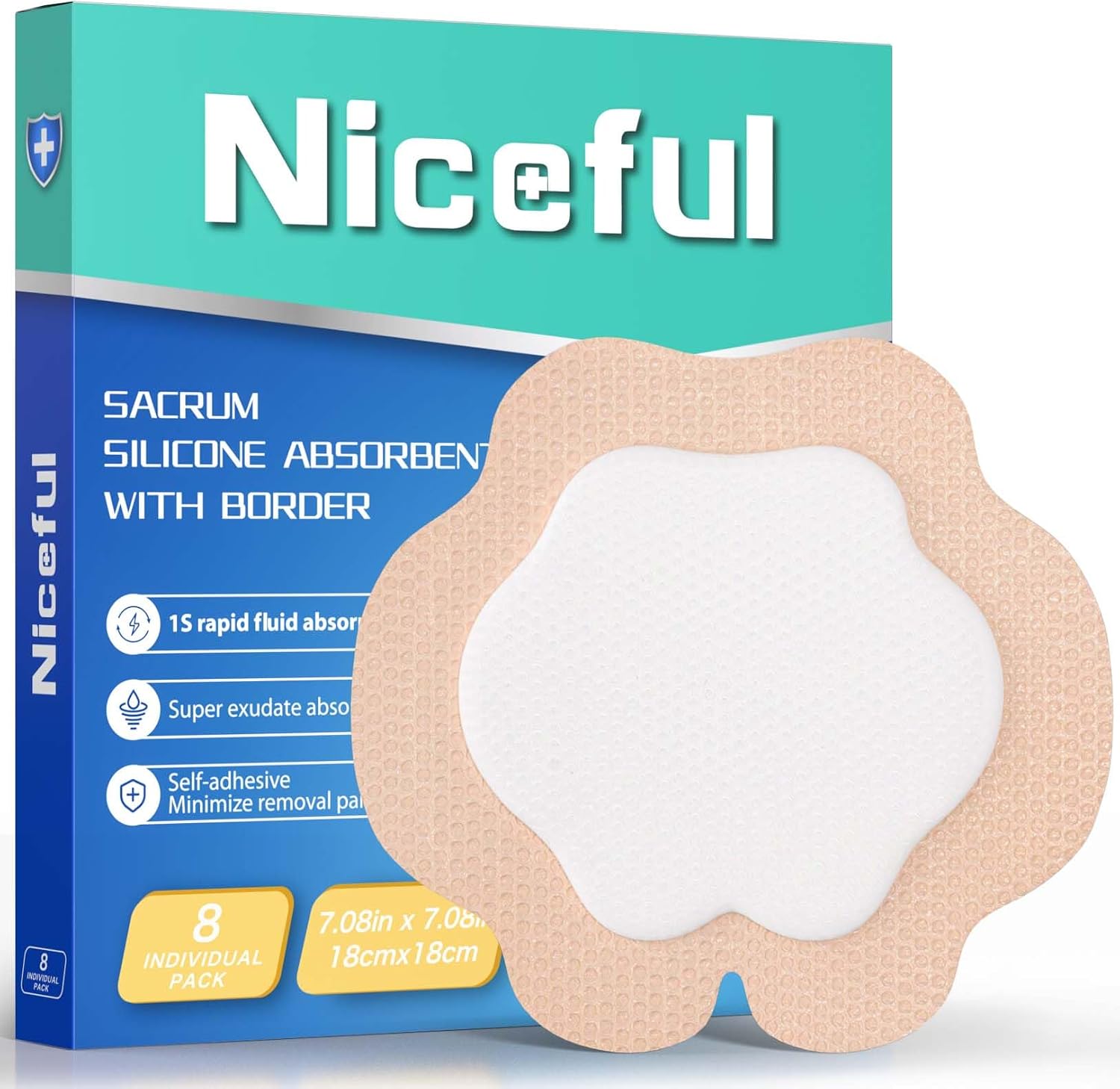 Detalle de Niceful 7 x 7-Inch Silicone Sacral Bandages, 8 Count, Contoured and Absorbent