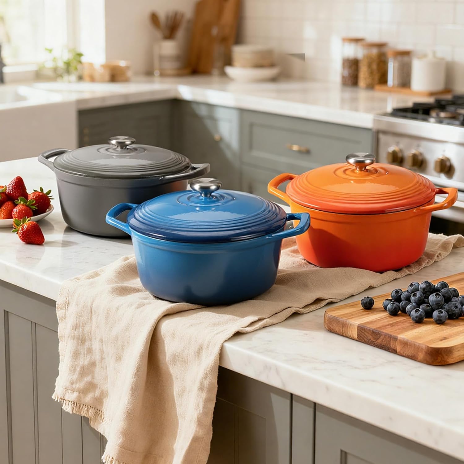 Thumbnail 6 de Overmont 26cm Enamelled Cast Iron Round Casserole Pot with Lid (5.2L) – Grey