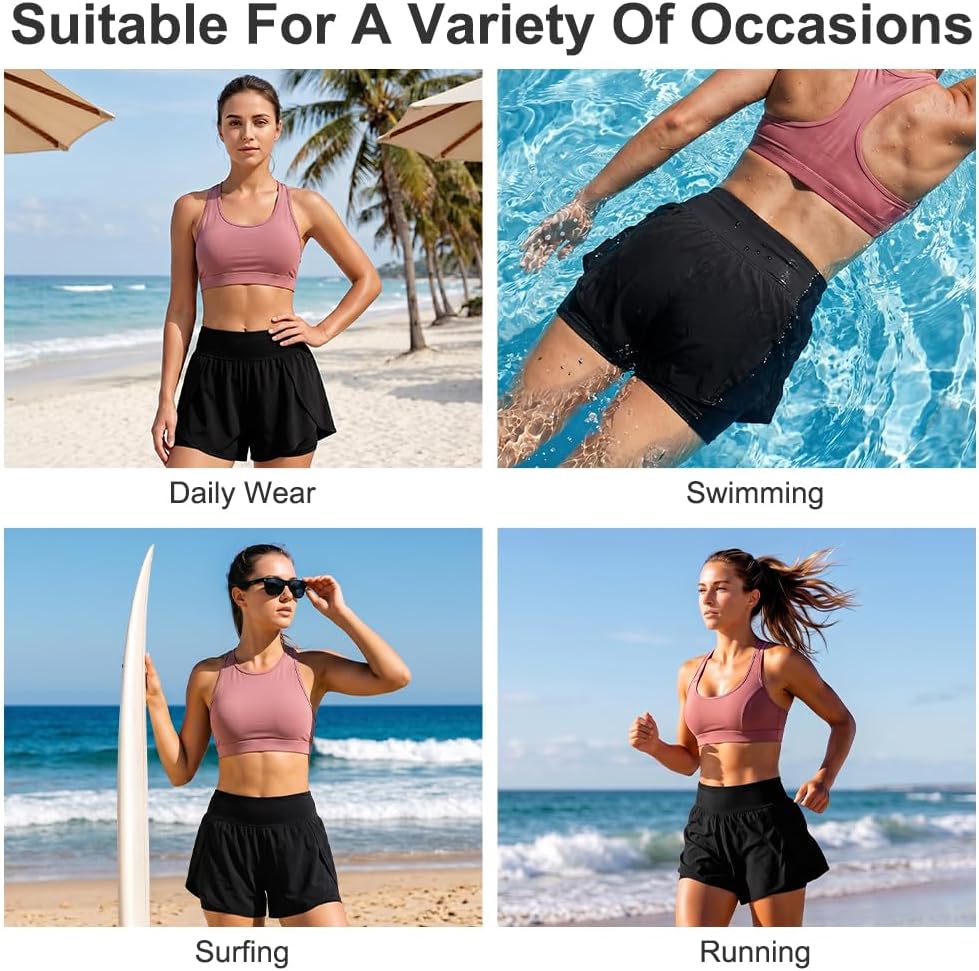 Thumbnail 6 de Aolso Short de Bain Femme - Boardshort Taille Haute à Séchage Rapide, Noir