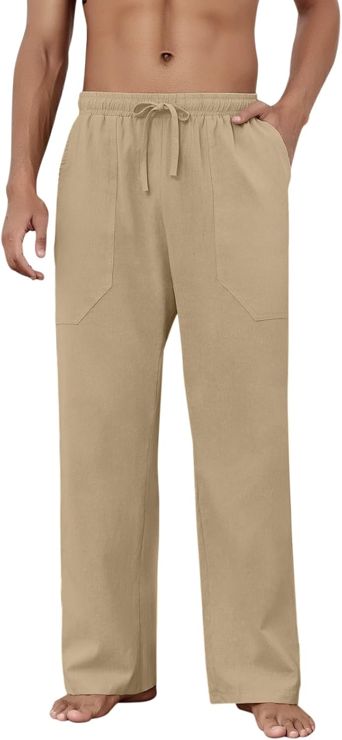 Detalle de Puimentiua Cotton Linen Pants for Men – Casual Loose Fit with Drawstring Waist