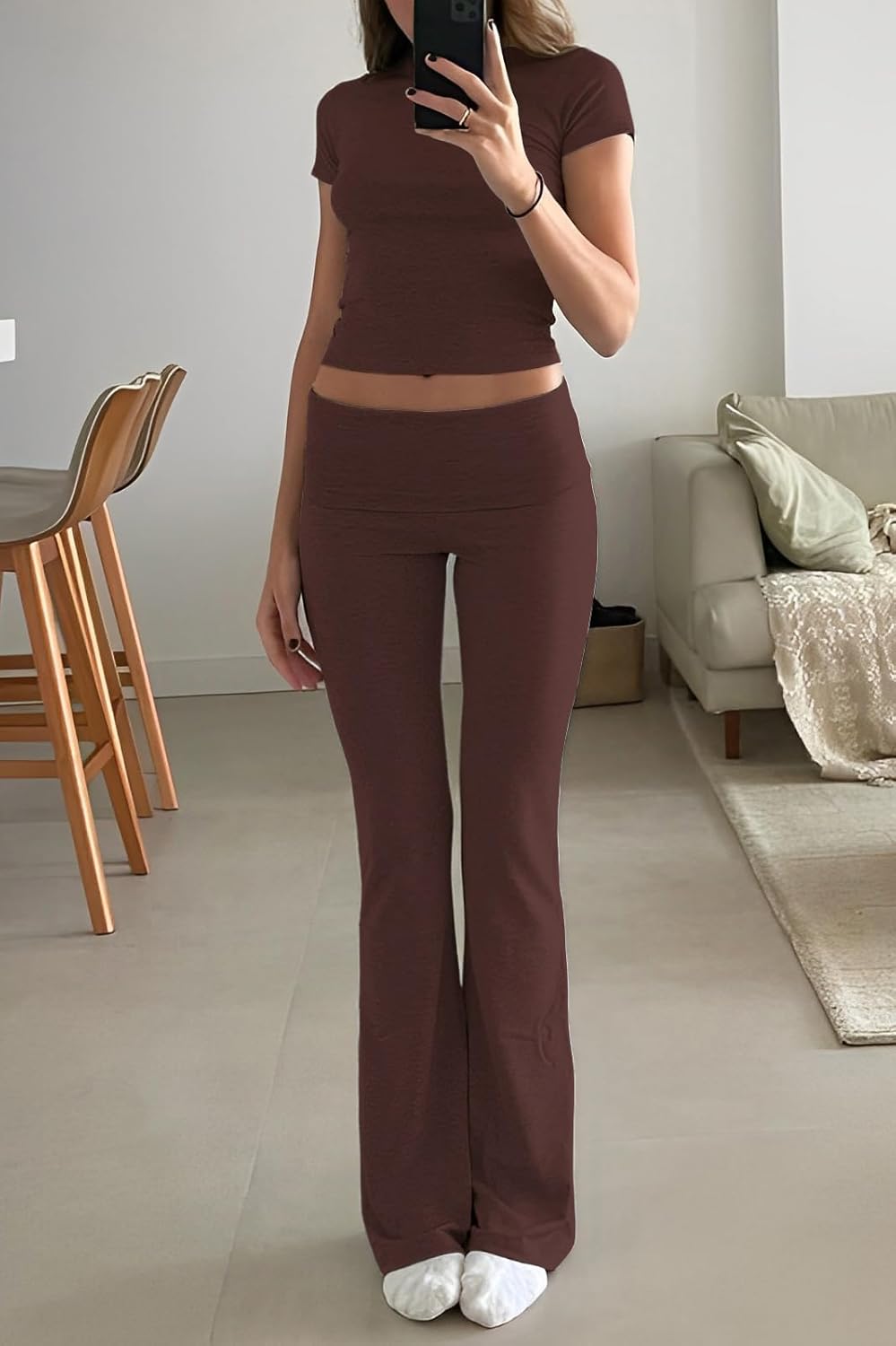 Thumbnail 3 de YETOWA Women's 2-Piece Outfits: Low Rise Flare Leg Set