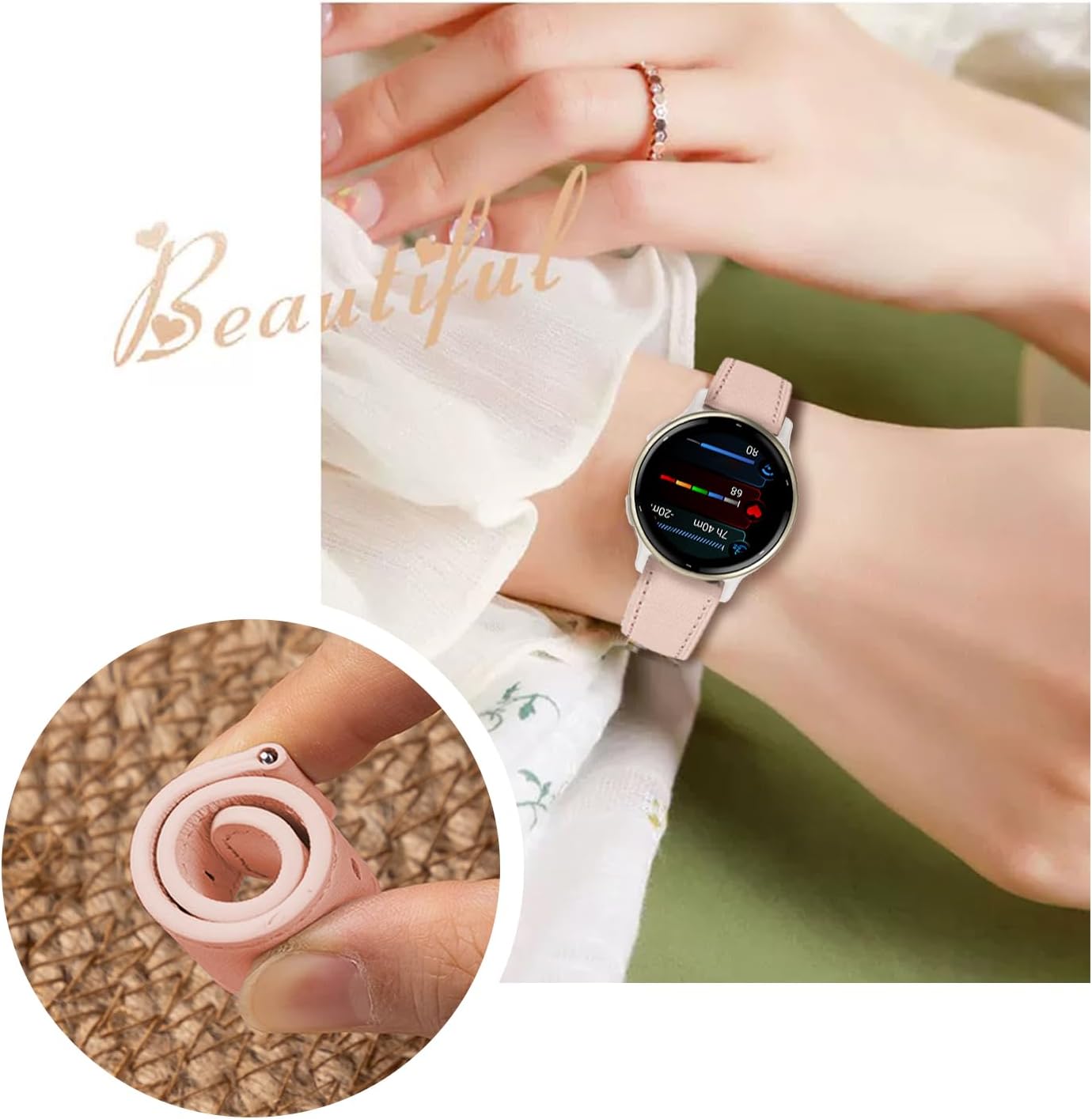Detalle de Bracelet cuir 20 mm compatible Garmin Vivoactive 5/6, Venu 2 Plus, Venu Sq 2 et Vívomove 3 44 mm