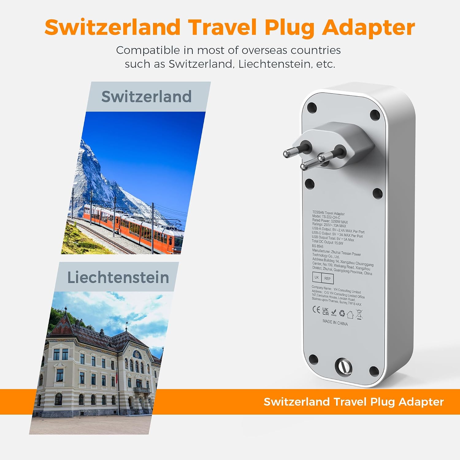 Thumbnail 1 de TESSAN UK to European Plug Adapter with 3 USB (1 USB-C) – Type E/F Schuko Travel Adapter for EU & more