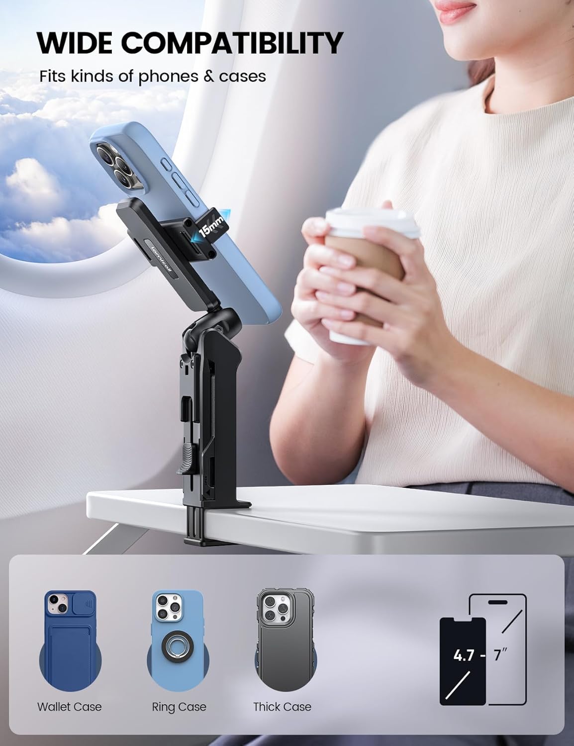 Detalle 2 de Lamicall Airplane Phone Holder for Travel – Upgrade Wide Clip, 360° Rotating Plane Mount