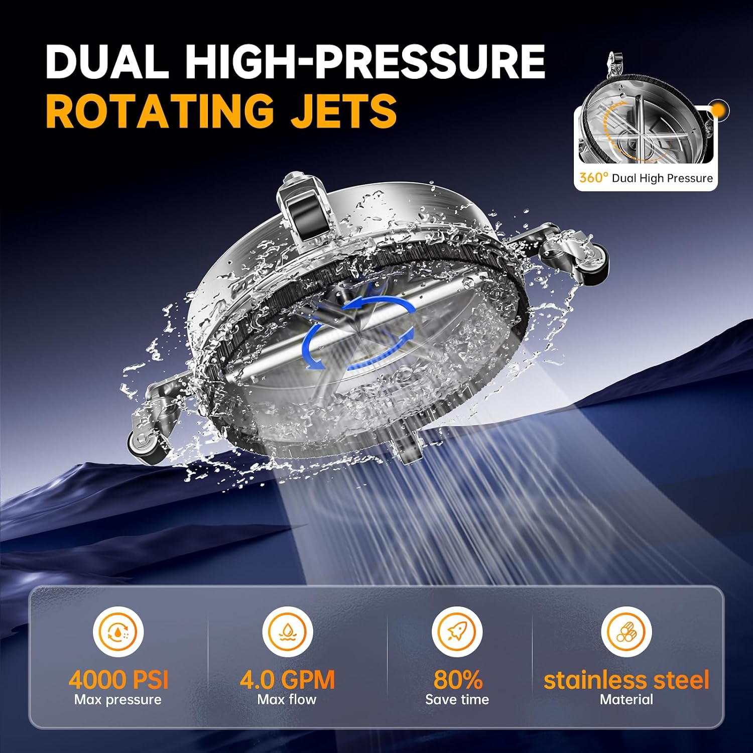 Detalle 2 de TOR 14-Inch Pressure Washer Surface Cleaner, 4000 PSI, Stainless Steel
