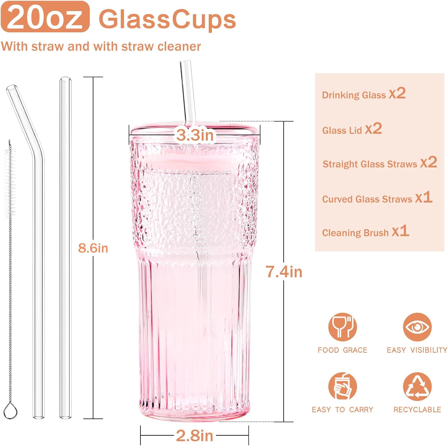 Thumbnail 3 de GOSCHE 590 ml Glass Cup with Lid and Straw – Vintage Ripple Wide Mouth Tumbler (2 Pack) in Pink