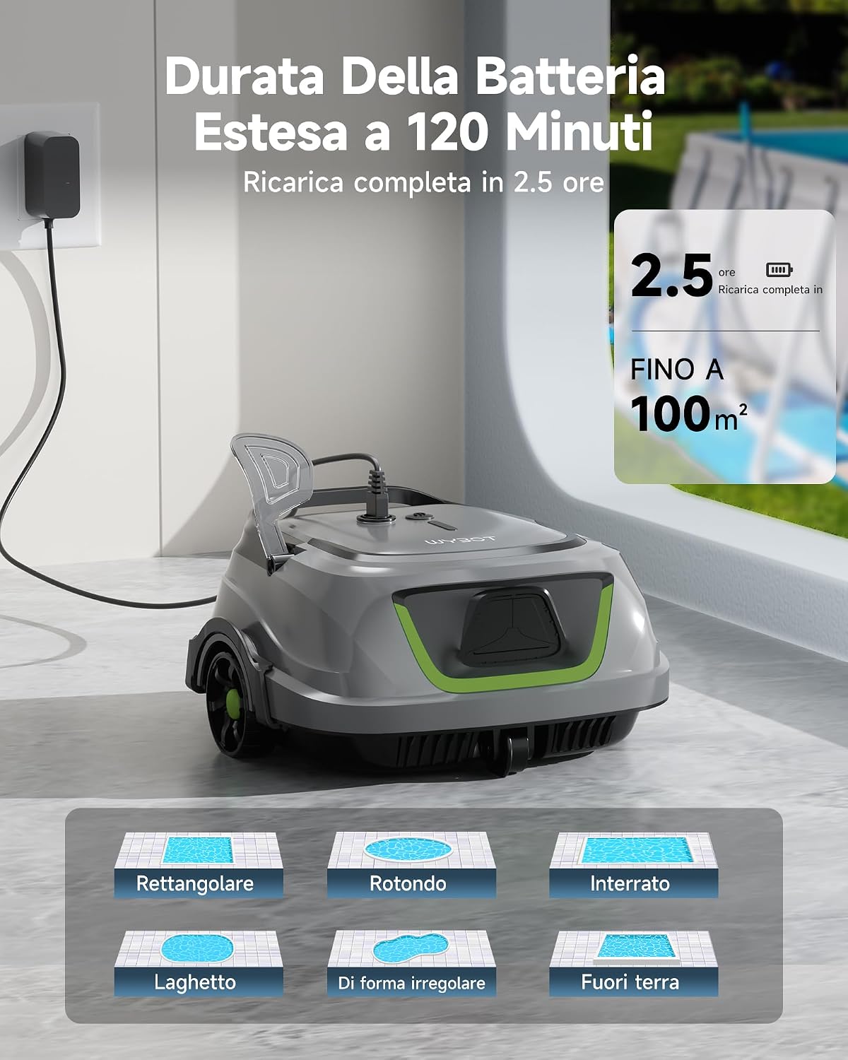 Detalle de WYBOT A1/OS2010 — Robot Piscina senza fili per manutenzione profonda, 100 m², doppia turbina e 120 minuti di autonomia (Verde Salvia)
