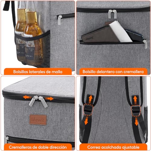 Thumbnail 5 de Lifewit Mochila Nevera 24L (hasta 30 latas) gris: térmica portátil para playa, picnic y trabajo