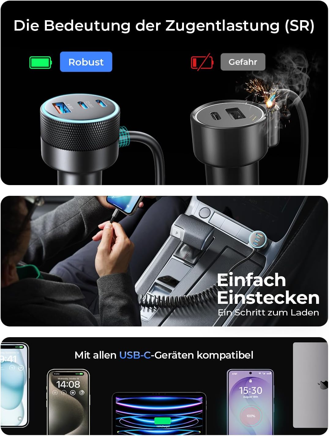 Detalle de LISEN 90W USB-C Auto-Ladegerät Zigarettenanzünder mit 45W Spiralkabel – 4 Ports, sicher und ordentlich