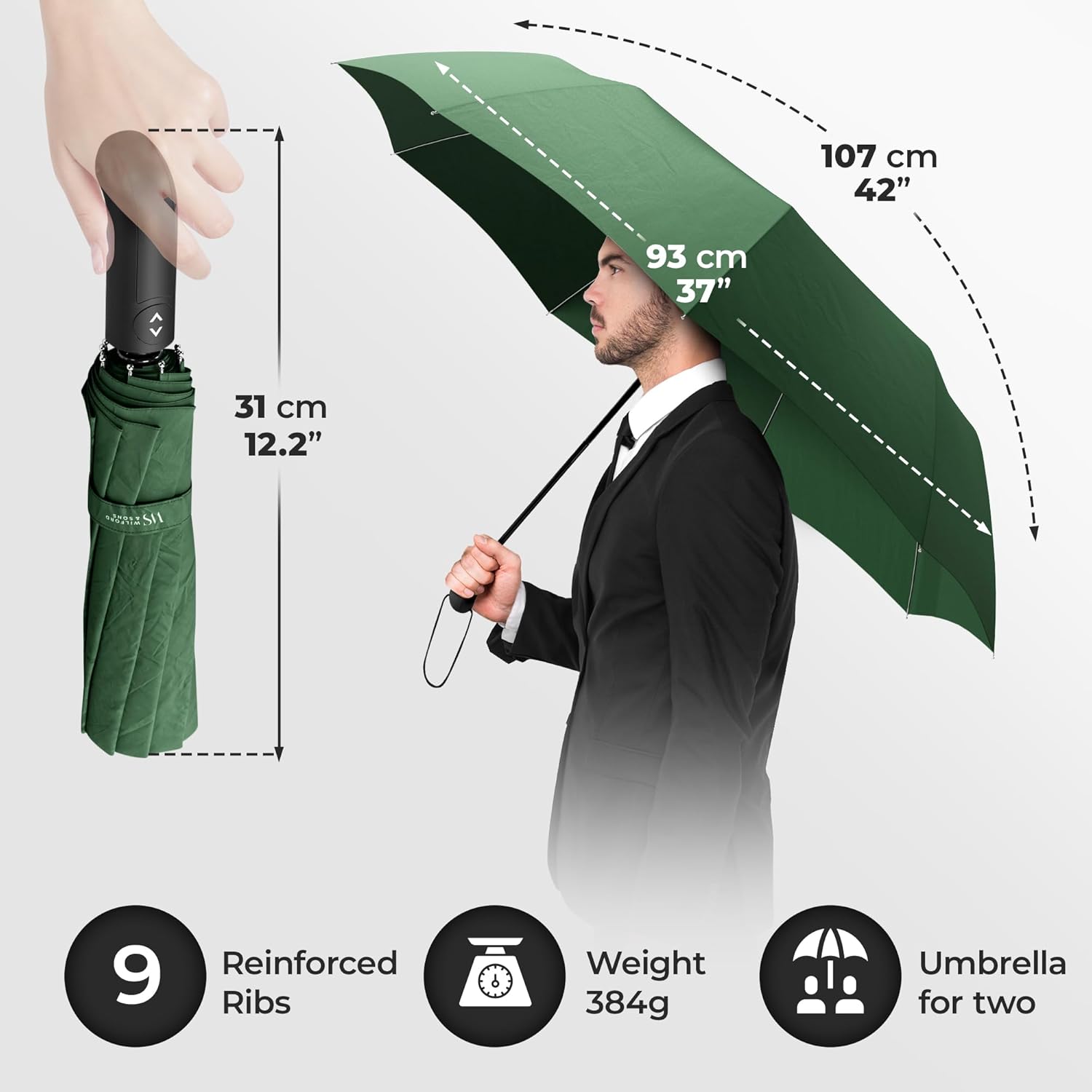 Thumbnail 4 de Windproof Compact Umbrella with Auto Open/Close & Double Canopy – Lightweight Travel Folding Brolly in Teflon Green