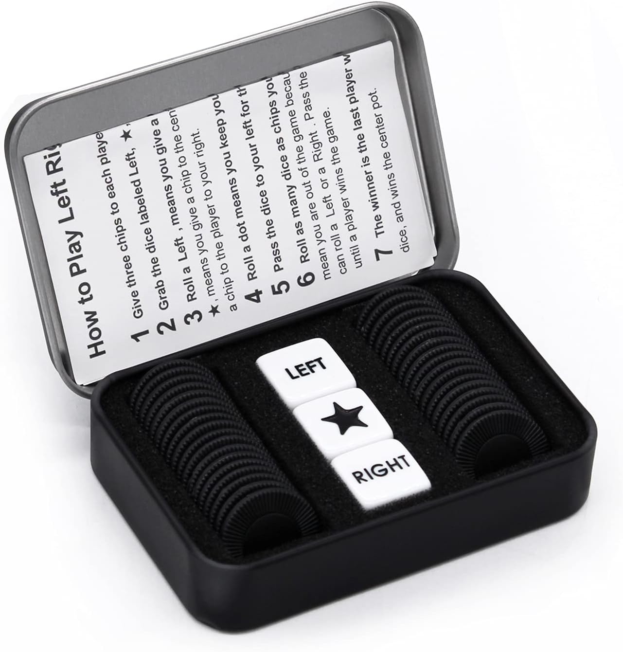 Bilywey Left Right Center Dice Game Set with 3 Dice + 36 Black Chips (Black)