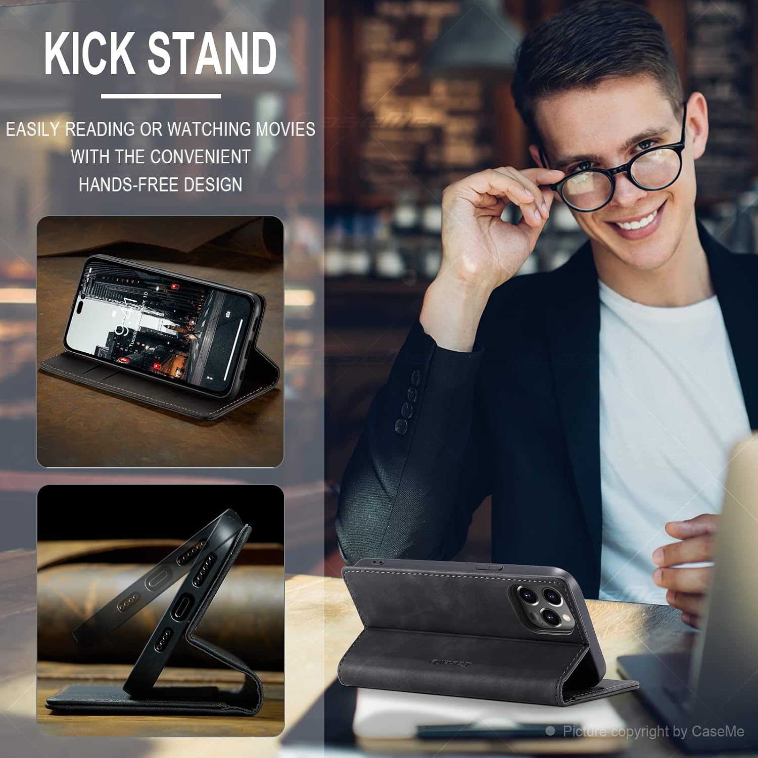 Detalle de Cracedily Klapphülle Premium Leder für iPhone 14 Pro Max – Schwarz