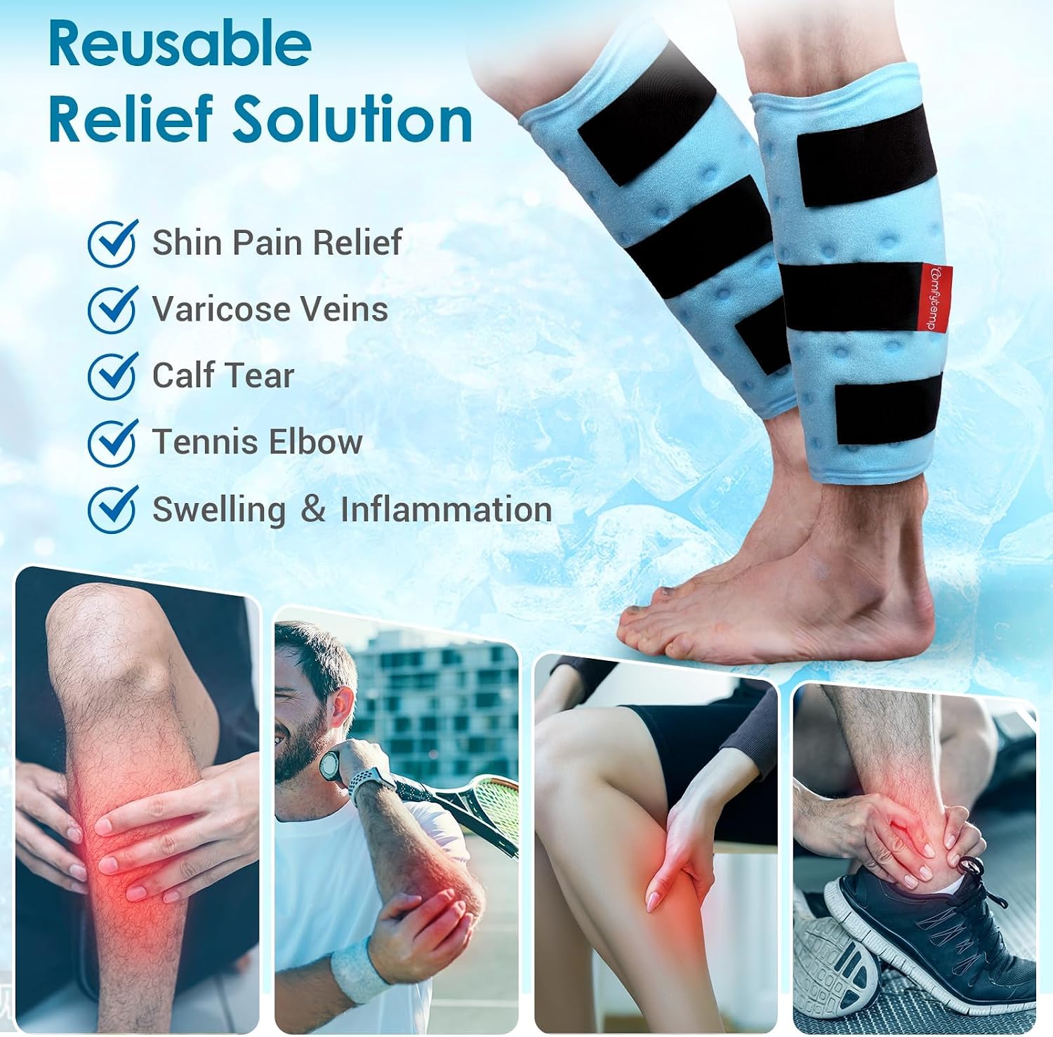 Detalle de Comfytemp Leg Ice Pack Wrap (2 Packs): Reusable Full-WitH Coverage for Calf, Shin & Elbow