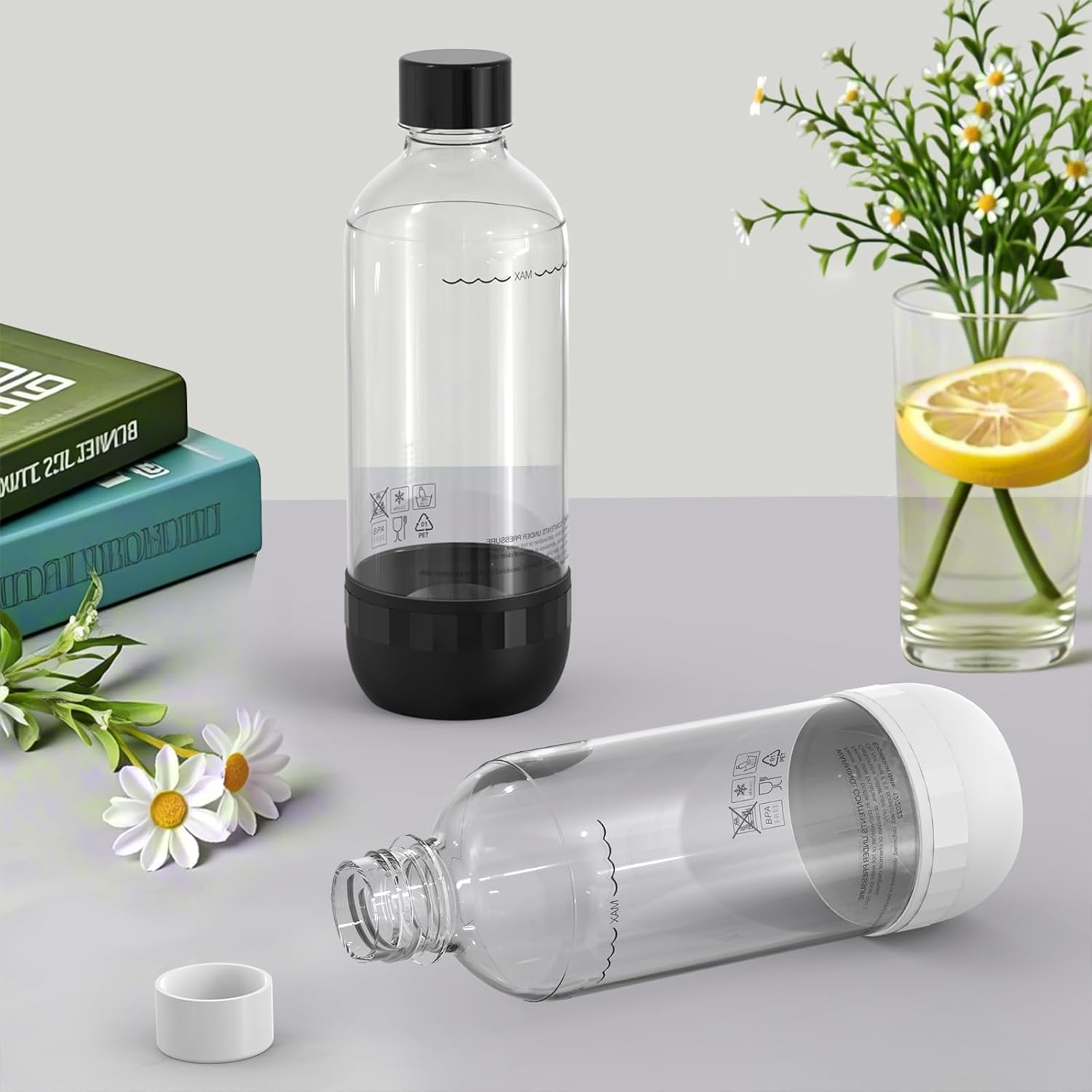 Thumbnail 6 de SunnyOcean lot de 2 bouteilles à soda réutilisables 1 L, PET sans BPA (noir) pour machine à soda