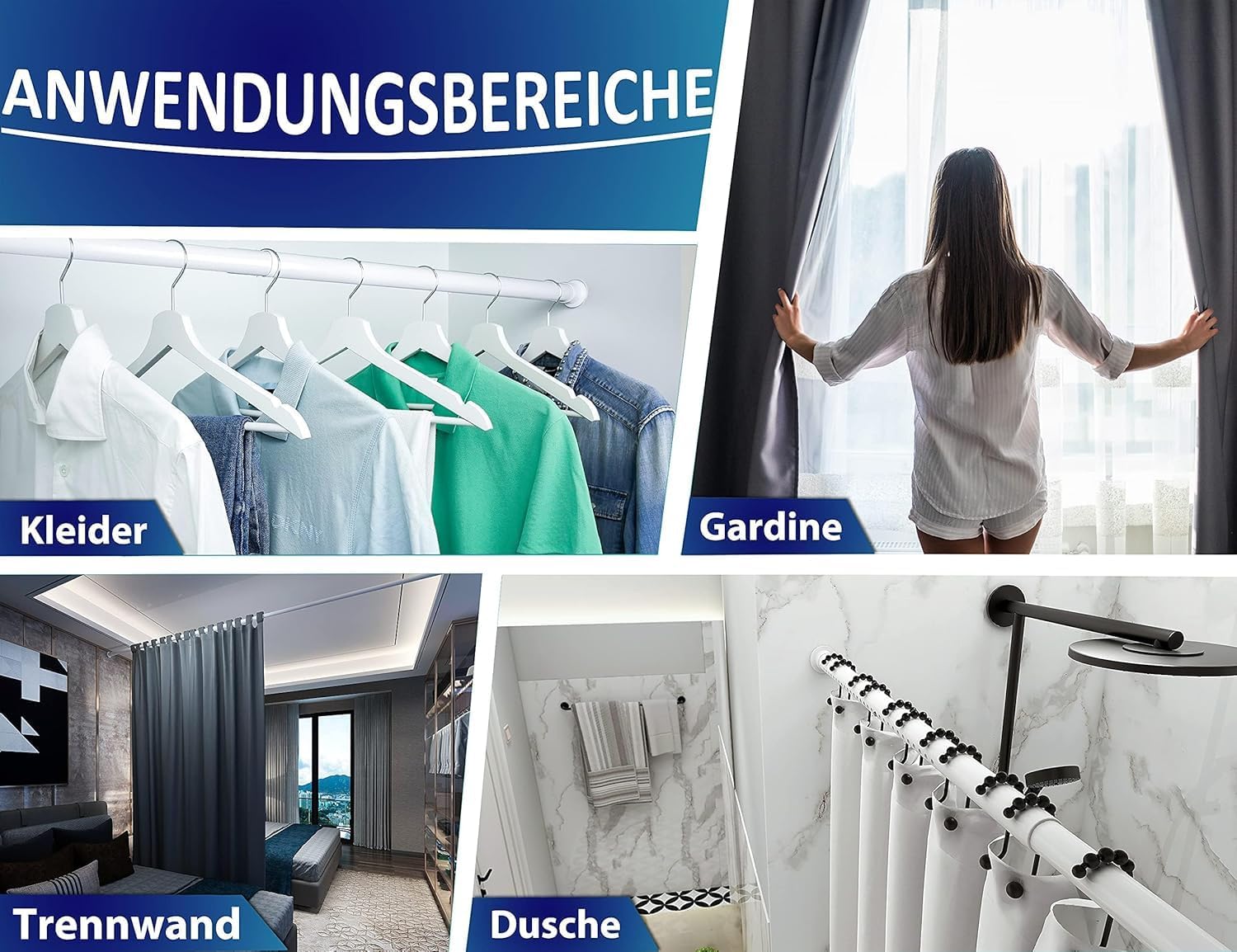 Thumbnail 4 de MEISENBERG Teleskopstange ohne Bohren (Klemm-/Spannstange) 260–310 cm, Ø32 mm, weiß