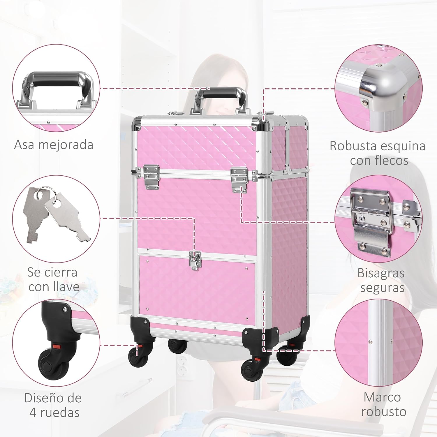 Thumbnail 2 de HOMCOM Maleta de Maquillaje Profesional Rosa