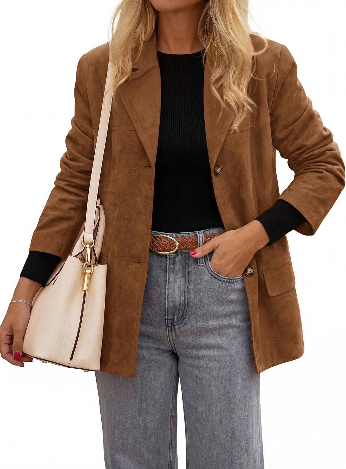 Detalle de PRETTYGARDEN Women's Faux Suede Blazer