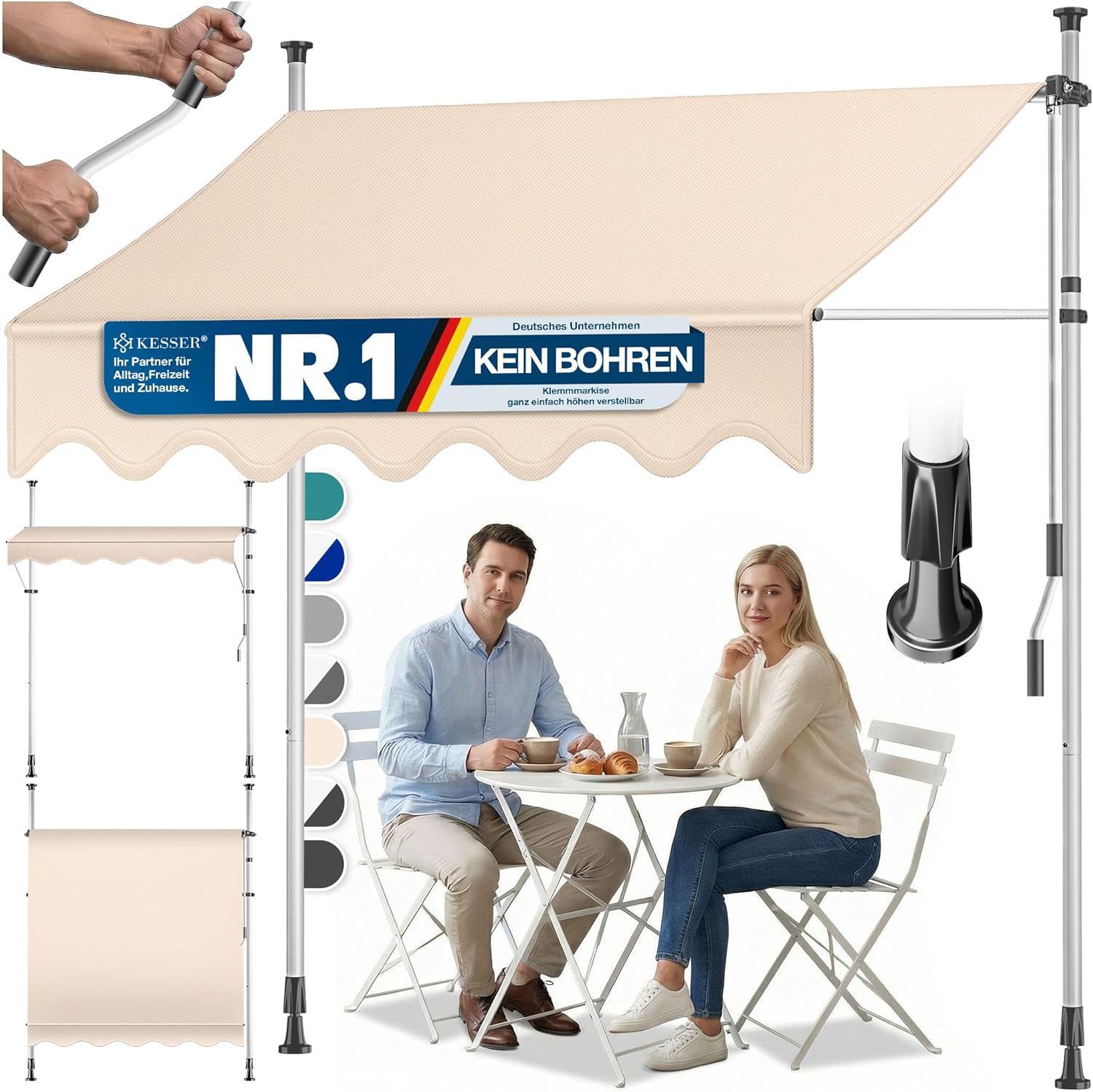 Detalle de KESSER® Klemmmarkise mit Handkurbel für Balkon – 250 cm Breite