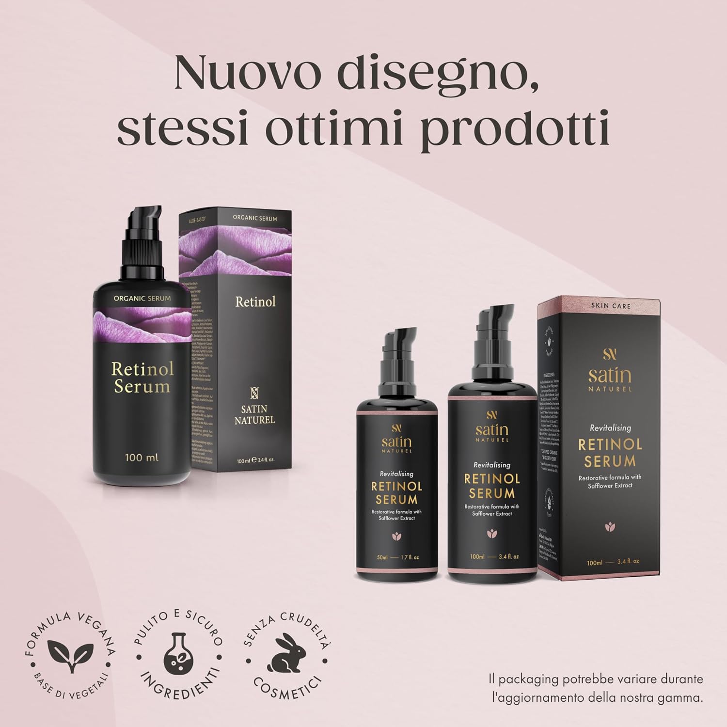 Detalle de Satin Naturel Siero al Retinolo 100 ml – Siero viso anti-age con Retinolo, acido ialuronico, Niacinamide e Aloe Vera Bio