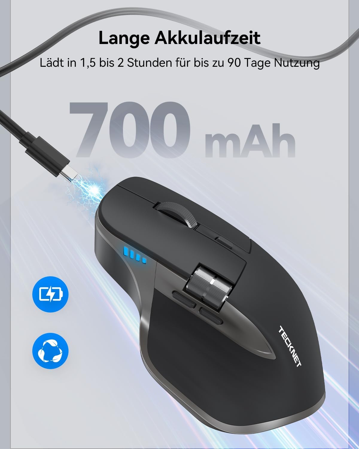Detalle 2 de TECKNET Bluetooth kabellose Maus – Ergonomische 7-Tasten-Maus mit Daumenrad, 4800 DPI, BT 5.3/5.0 + 2,4 GHz, USB-C Schnellladung