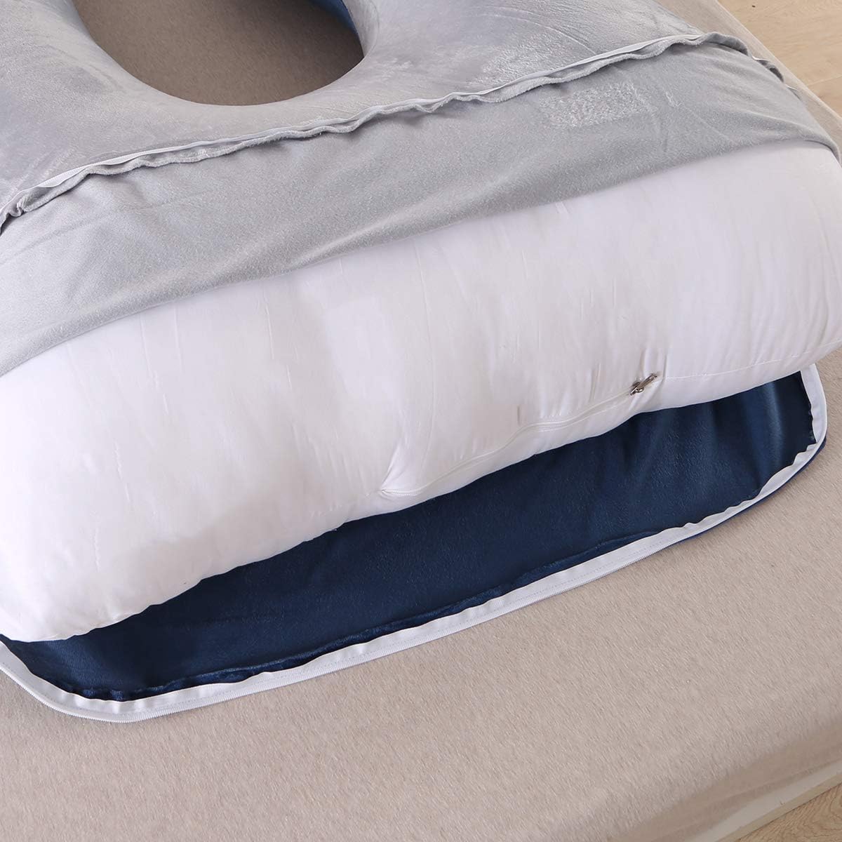 Thumbnail 6 de Coussin de grossesse en forme de U (G) avec housse velours lavable – Coussin d’allaitement bleu marine et gris