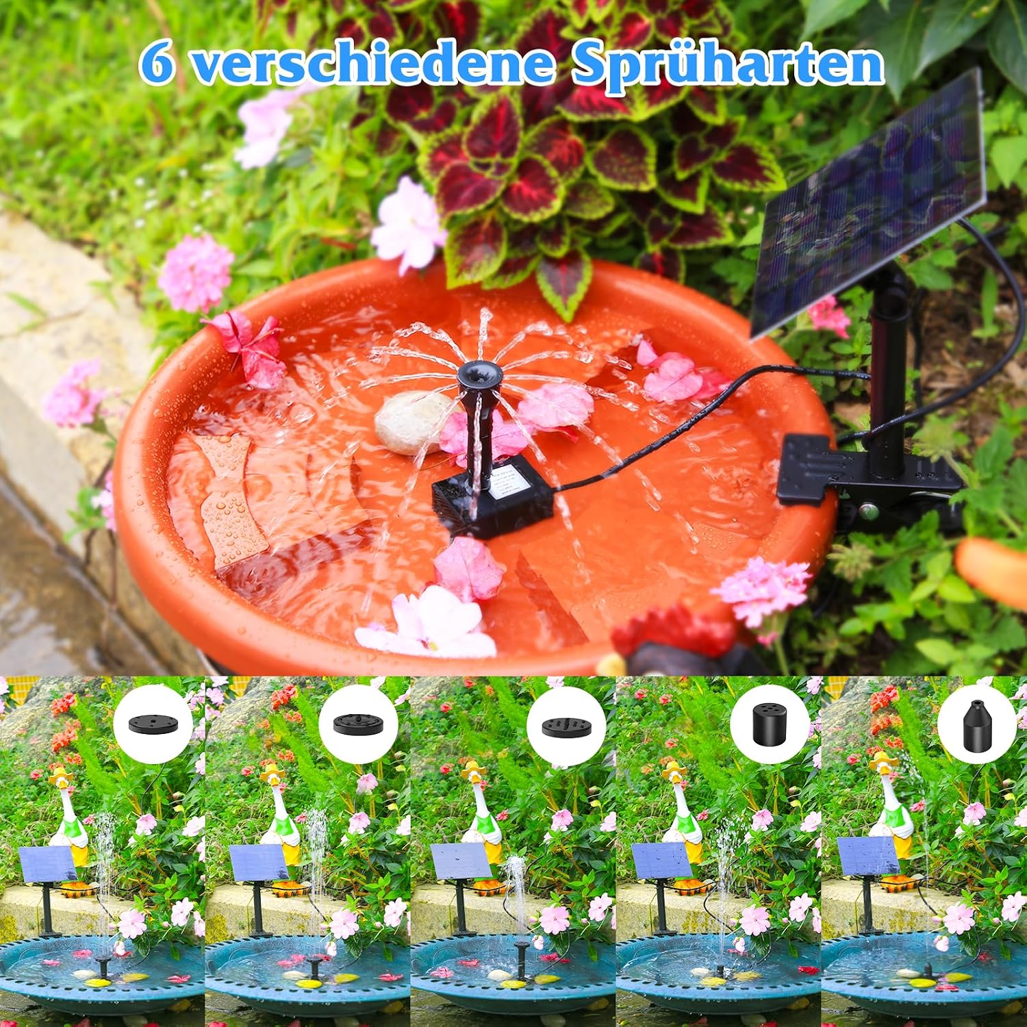 Detalle 2 de AISITIN Solarbrunnen für Draussen – 6 Düsen, DIY Vogelbad & Gartenwasser-Spiel