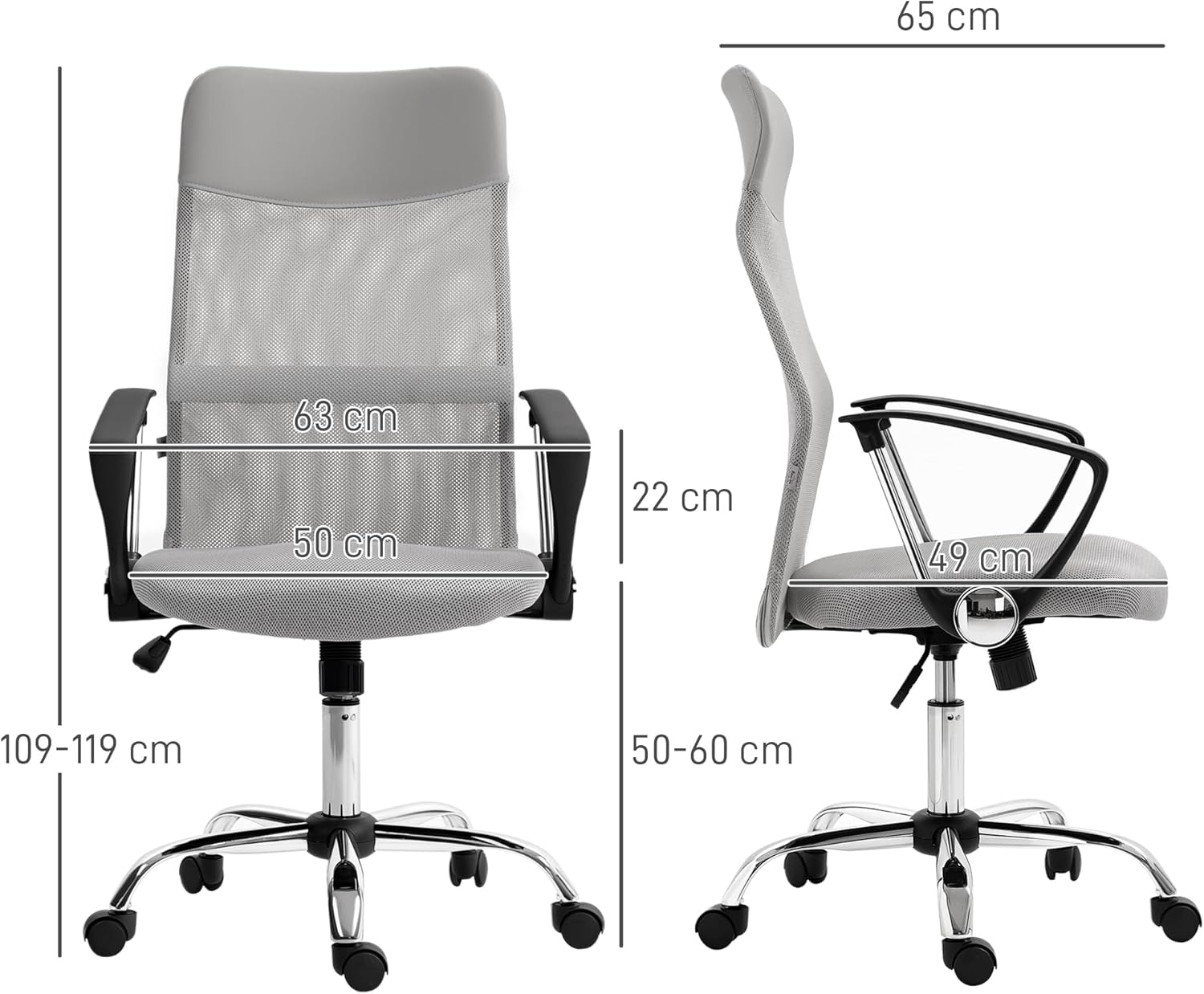 Thumbnail 2 de HOMCOM Fauteuil de bureau manager grand confort avec dossier ergonomique, assise réglable et pivotante (tissu maille gris)