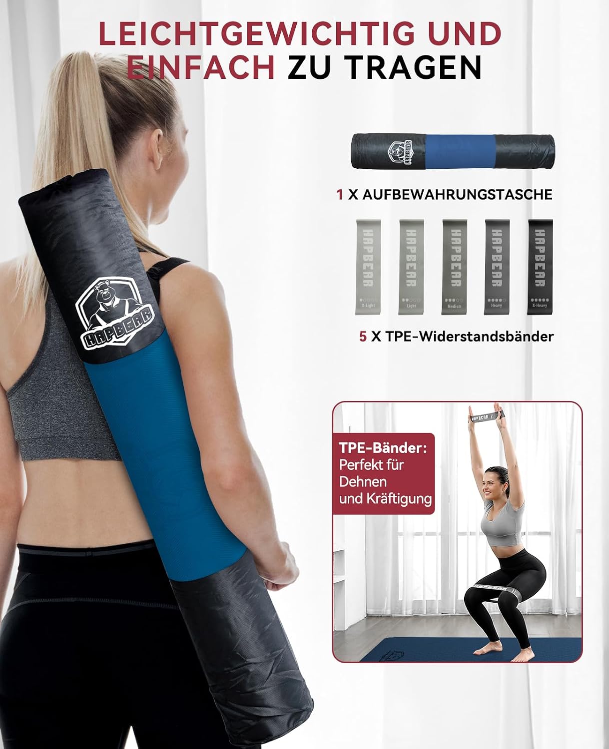 Thumbnail 6 de HAPBEAR Yogamatte XXL 183×91 cm, 6 mm – rutschfeste TPE Trainingsmatte inkl. Resistance Bands & Tragetasche