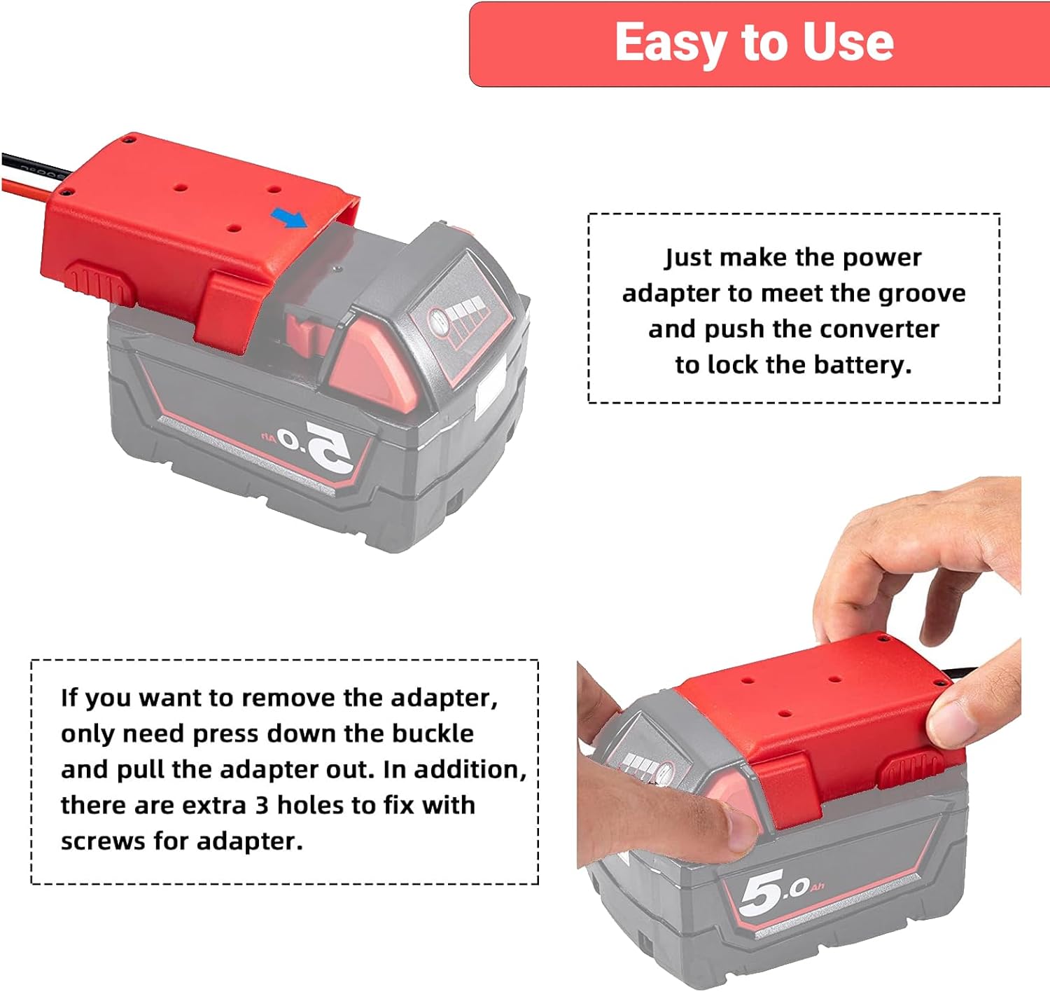 Detalle 2 de Adattatore per Batteria Milwaukee 18V M18 XC18 con Connettore di Alimentazione e Foro di Fissaggio