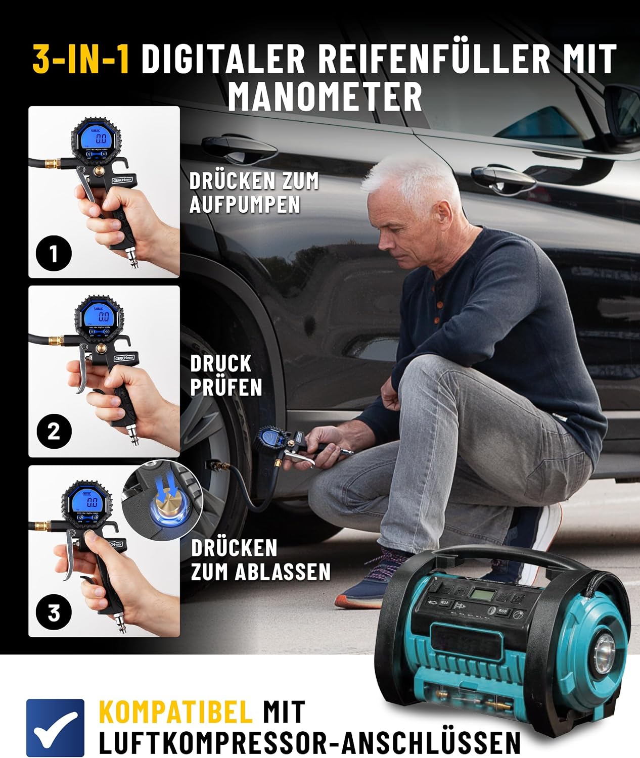 Thumbnail 1 de GERCHWAY Digitaler Reifenfüller mit Manometer – digitaler Reifendruckprüfer 0–14 bar (±1% Messgenauigkeit)