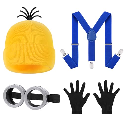 Thumbnail 8 de DiULi Kit de Accesorios de Disfraz 4 en 1 para Niños (Dos Ojos): Gafas Steampunk, Sombrero Amarillo, Guantes Negros y Tirantes Azules