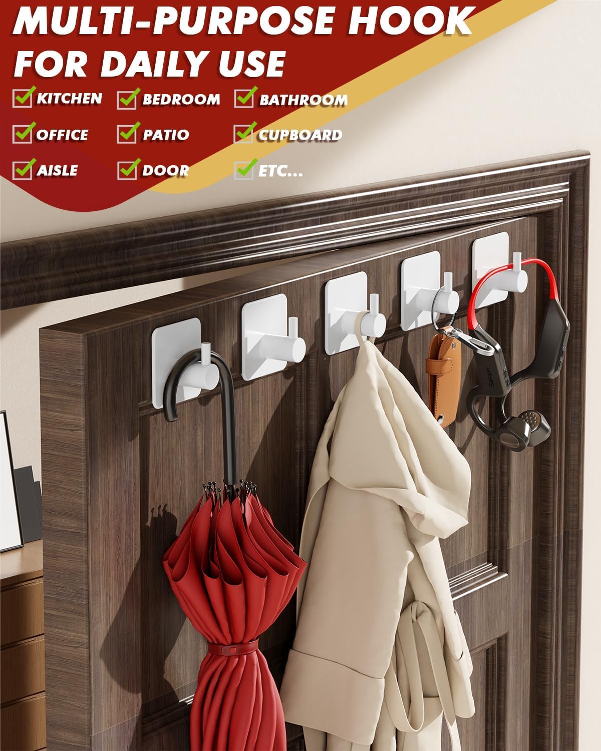 Thumbnail 6 de Auxmir 5 Pack Self-Adhesive Hooks – Stainless Steel, 10kg, No-Drill Fix, 4.5×4.5cm