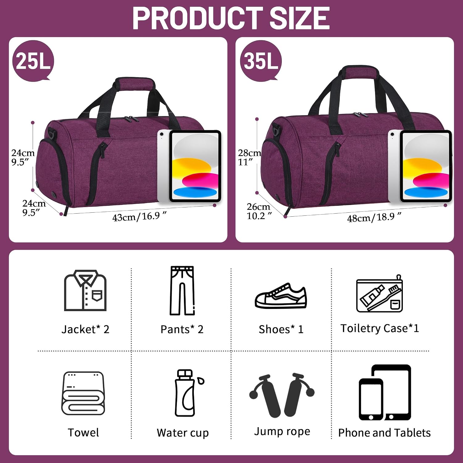 Detalle 2 de BECOJADDE 35L Sporttasche Damen & Herren – multifunktionale Reisetasche mit Schuhfach & Nassfach, wasserdichtes Handgepäck-Upgrade in Lila