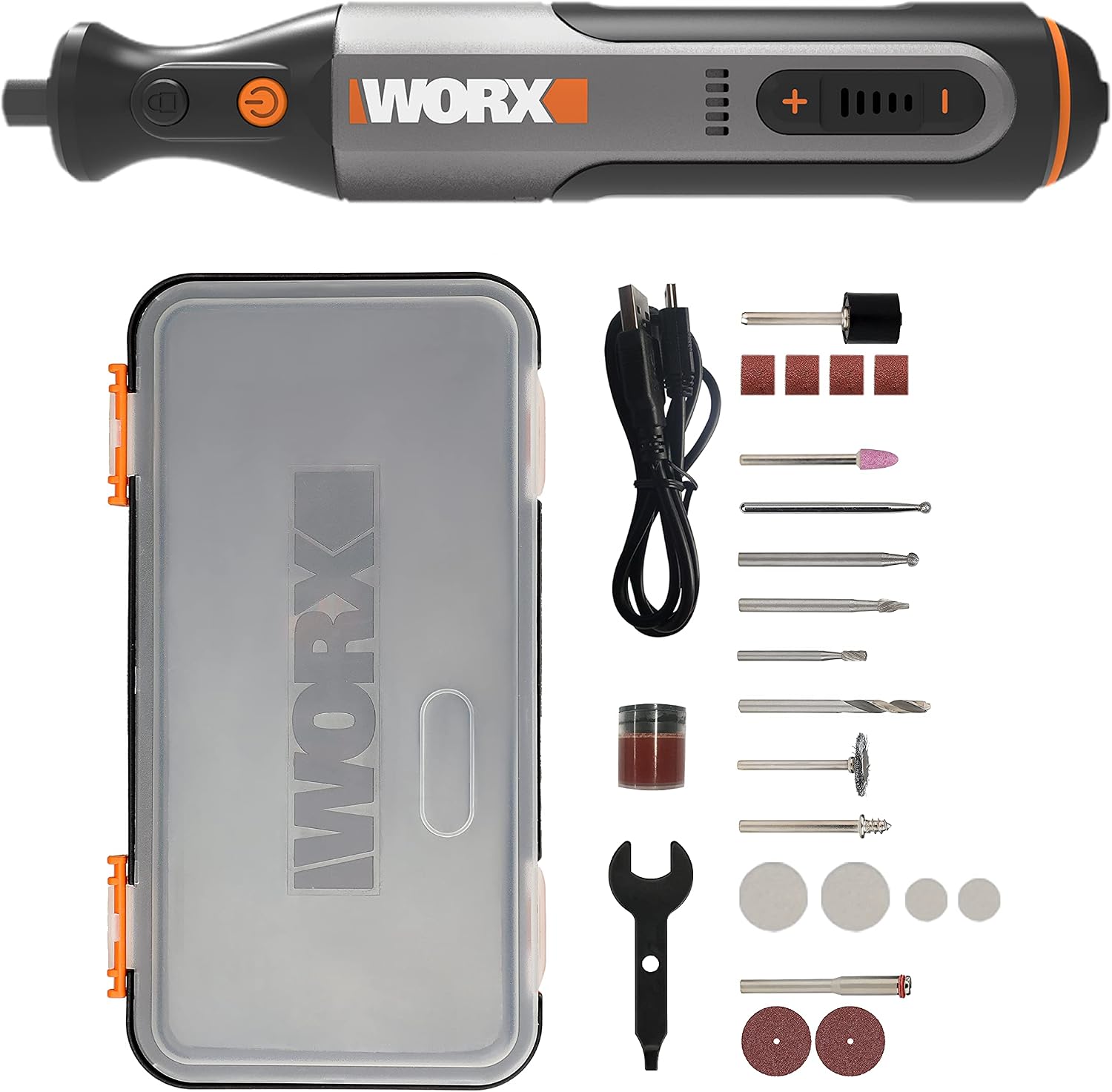 Detalle de WORX 8V Utensile Rotativo Cordless WX106 con 23 accessori, controllo velocità e pinza 3,2 mm