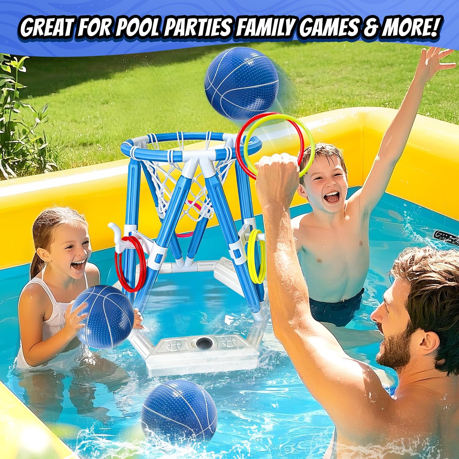 Detalle de 2-in-1 Pool Basketball Hoop & Ring Games - Floating Pool Toys for Kids and Family Fun