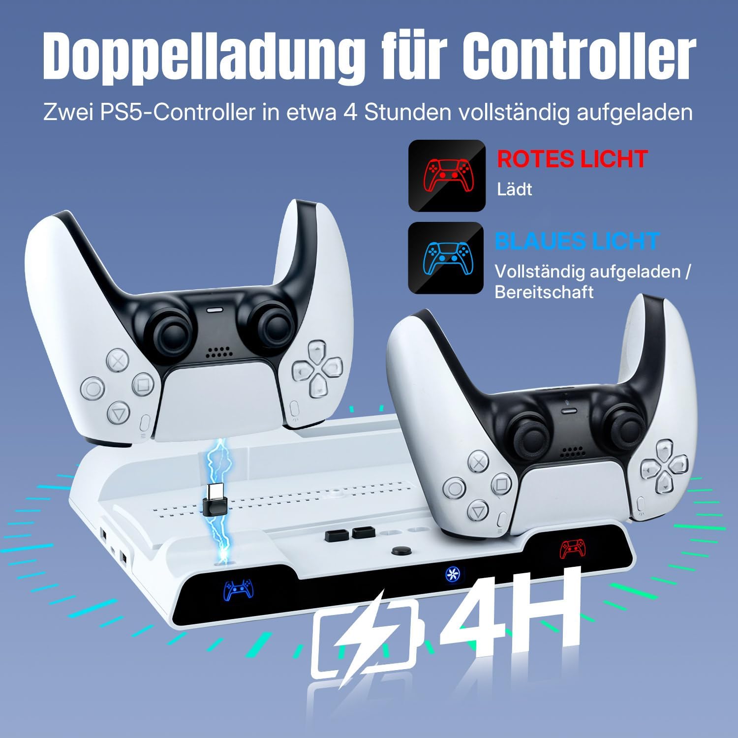 Detalle de Wigearss PS5/PS5 Slim/PS5 Pro Kühlstandfuß mit Dual Controller Ladegerät – Lade- und Kühlstation