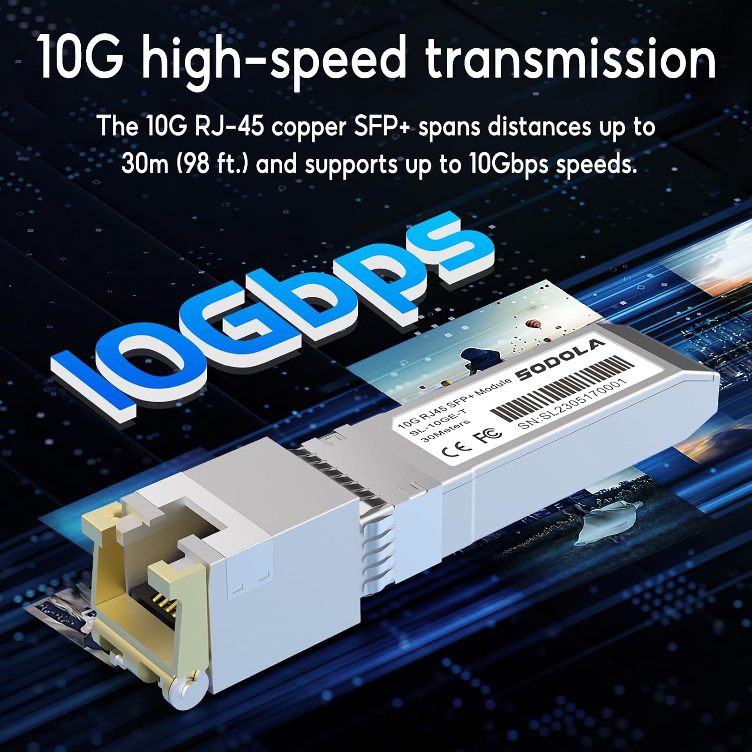 Detalle de Sodola 10GBase-T SFP+ to RJ45 copper transceiver (up to 30m), hot-pluggable