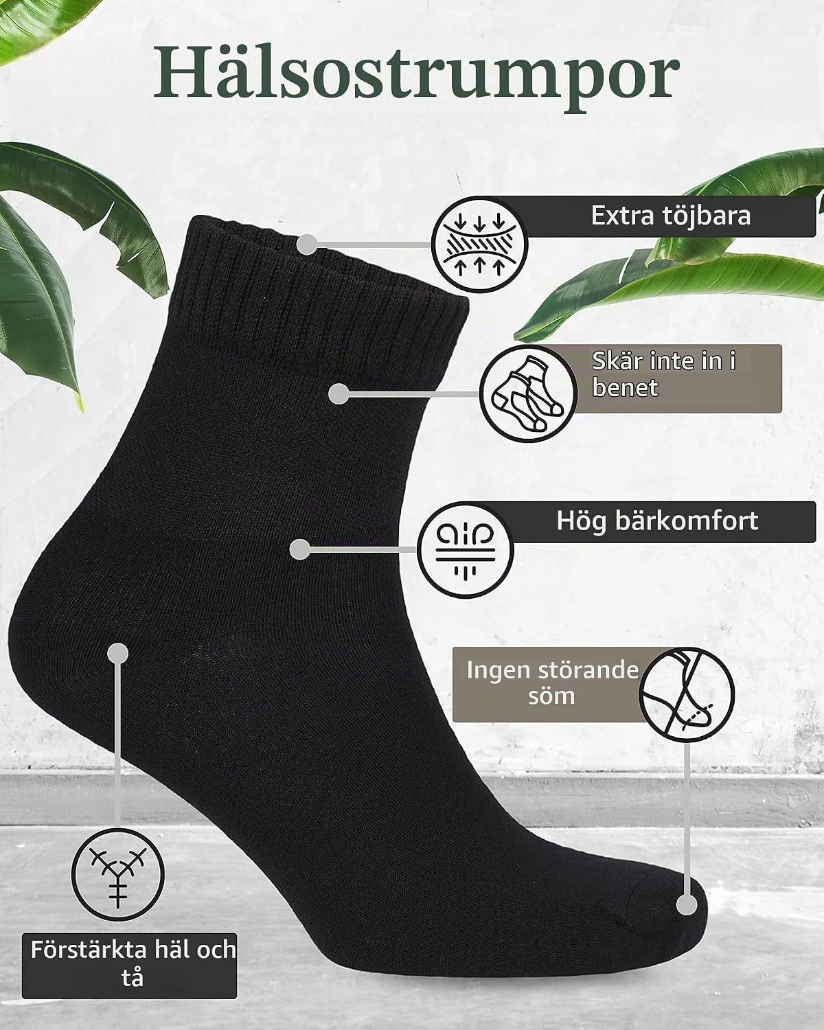 Detalle 2 de Fiera Besa diabetikerstrumpor för herr, bambuviskos, ankelhöga och sömlösa, 4-pack