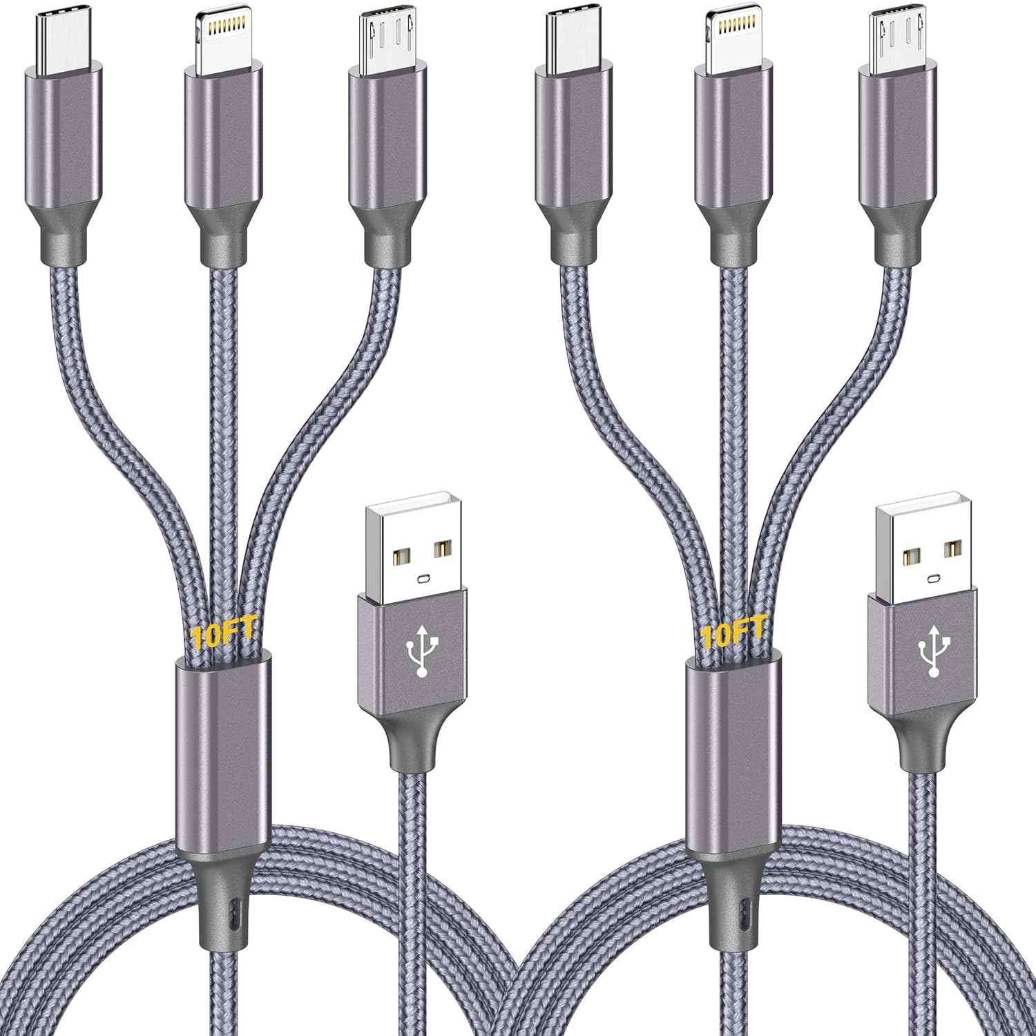 Detalle de Multi Charging Cable (10ft 2-Pack) – 3-in-1 USB Charger Cord for Type-C, Micro USB, and Lightning Devices