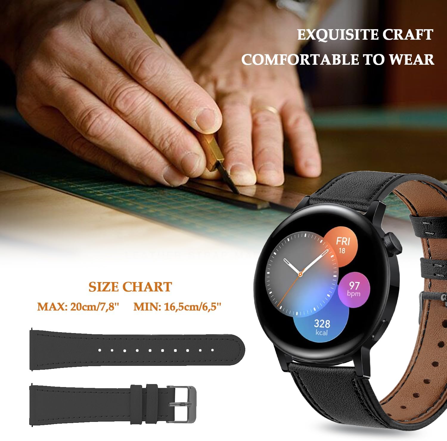 Thumbnail 1 de Bracelet 20 mm en cuir pour Huawei Watch GT 3/GT 2 42 mm et Samsung Galaxy Watch (boucle noire)