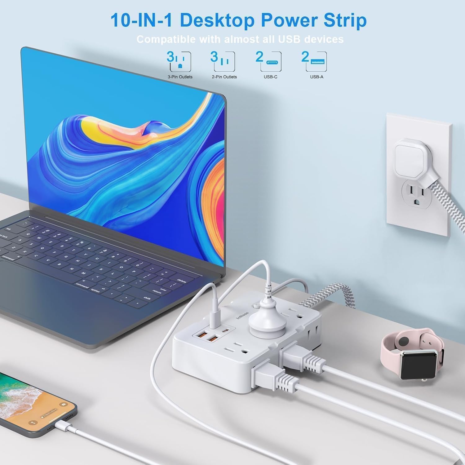 Detalle 2 de JcBlaon 15 ft Power Strip with 6 AC Outlets, 4 USB Ports and 1050 J Surge Protection