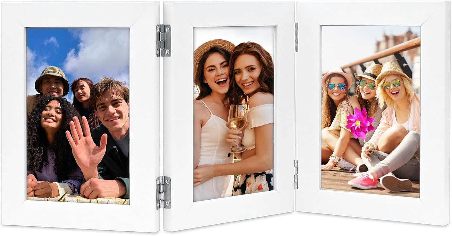 Detalle de ROYUEXT Triple Folding Photo Frame (5x7 inches) – 3-panel White Frame with 180° Hinge